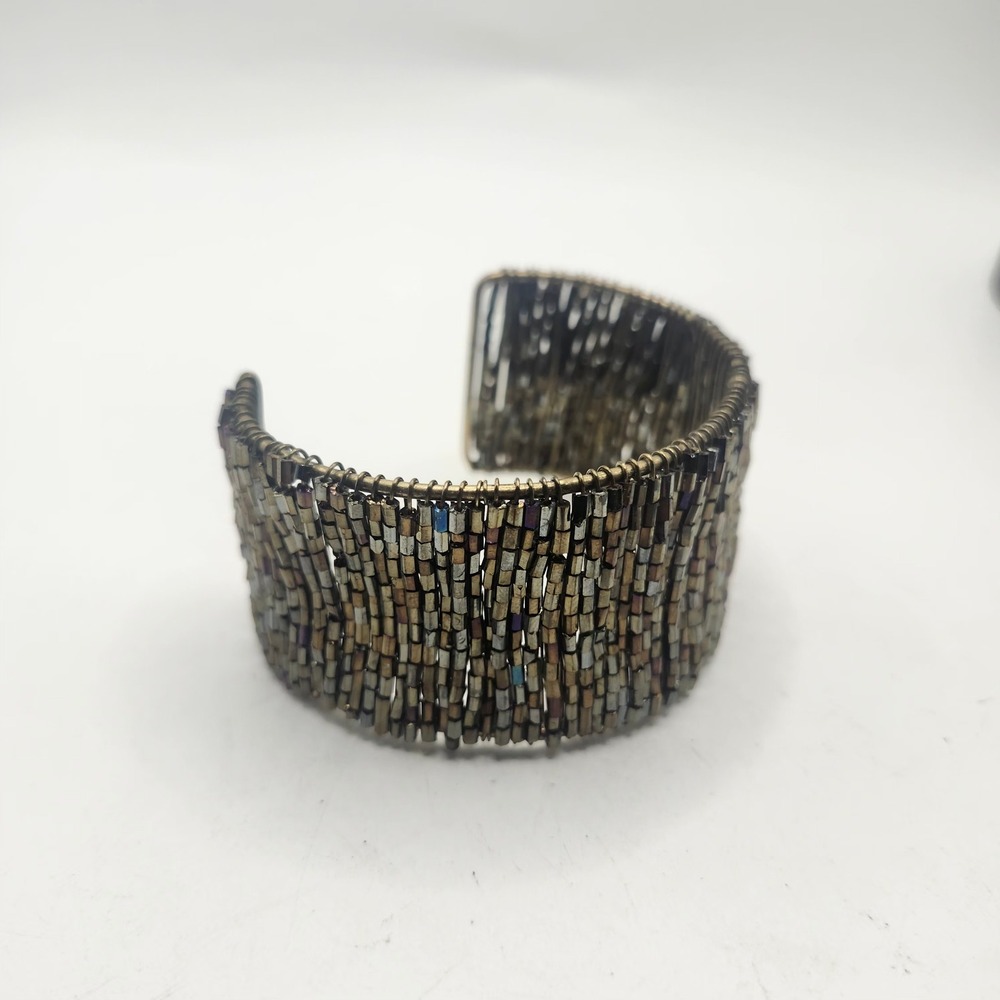 Metallic Glass Bugle Bead Wire Wrapped Cuff Bracelet Bronze Gold Iridescent Boho